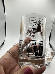 Set Of 4 Juice Glasses Nautical Theme in Gold Black 3-3/4″ T 2-3/8”