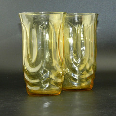 2 Amber Colonial Tulip Glass Tumbler Vintage Anchor Hocking 14 Ounce 5-1/8″ Tall