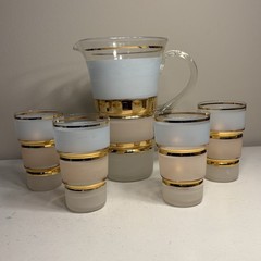 Vintage Pastel Frosted Blue Pink Gold Tone Trim Lemonde Pitcher & Tumblers set 5
