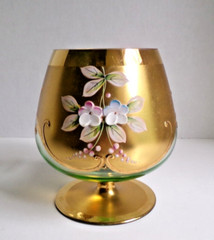 Bohemian Glass Hand Painted Enameled Flowers Gilt Gold Brandy Snifter, Set of 2