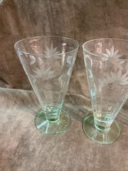 1920S LOUIE Glass Company Clear Cut Floral Tumblers Uv Reactive Vaseline Foot