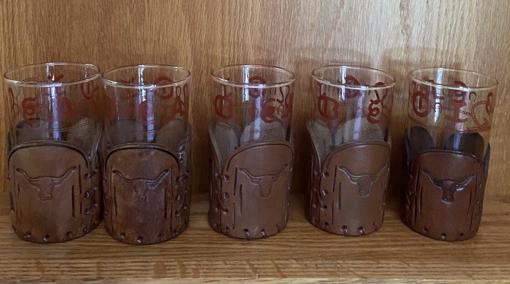 Libbey Bamco Western Highball Glasses 5″ Tooled Leather Sleeves Bull Cattle
