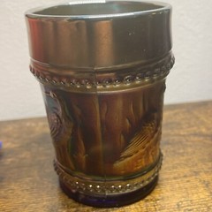 Vintage Dugan Iridescent Cobalt Blue Carnival Glass Tumbler Stork Rushes Beaded