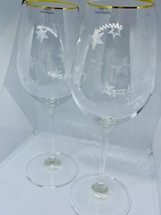 2 Vintage Etched Glass Atomic Star Burst Wine Glasses MCM Czech Gold Tone Trim