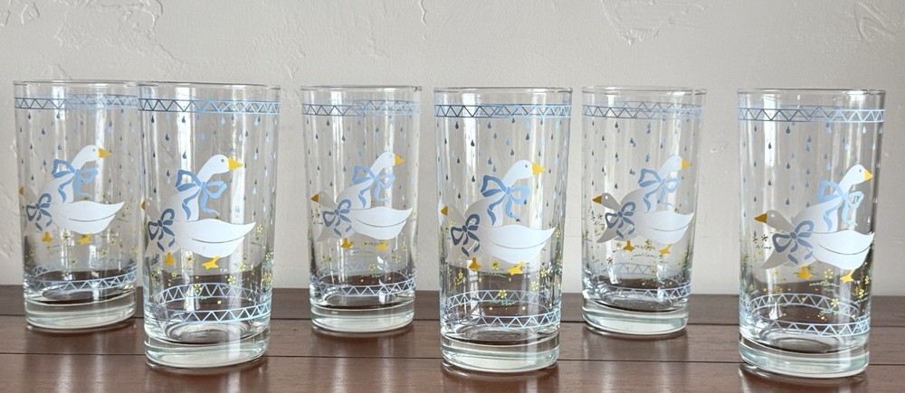 Set of 6 Vintage 1987 Anchor Hocking Goose 12oz Drinking Glasses Blue Bows