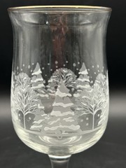2 Libbey Arbys Winter White Frosted Pine Trees Wine Goblets w/ Gold Trim 10 oz