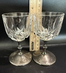 Set 2 Vintage Italian Argenti Silverplated Brass & Cut Crystal Goblets 4”Tall