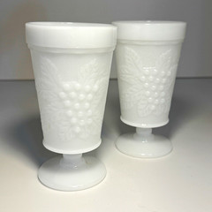 Unmarked White Milk Glass Grape Pattern Footed Goblets, Set of 2