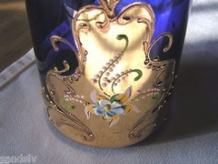 6 Rare Vintage Cocktail Glasses Holiday Party Blue 3D Flowers 24K Gold Overlay