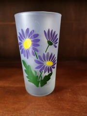 Set of 3 Vintage Libbey Frosted Glass Hand Painted Flower Glasses Tumblers