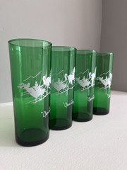 Vintage Set of 4 Green & White Glass Glasses, Open Sleigh Pattern, Christmas