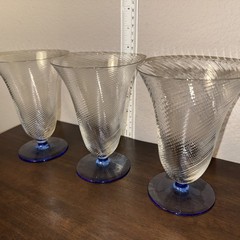 Vtg Swirled Optic 1930’s Blue Footed Wine/Cocktail Glasses Set of 3- By H R Fry