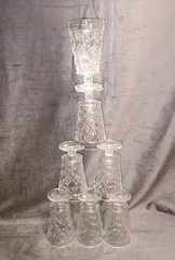 7 HAZEL ATLAS Tumblers Clear Glass Footed 5.66″ MCM Diamond Geometric Starburst