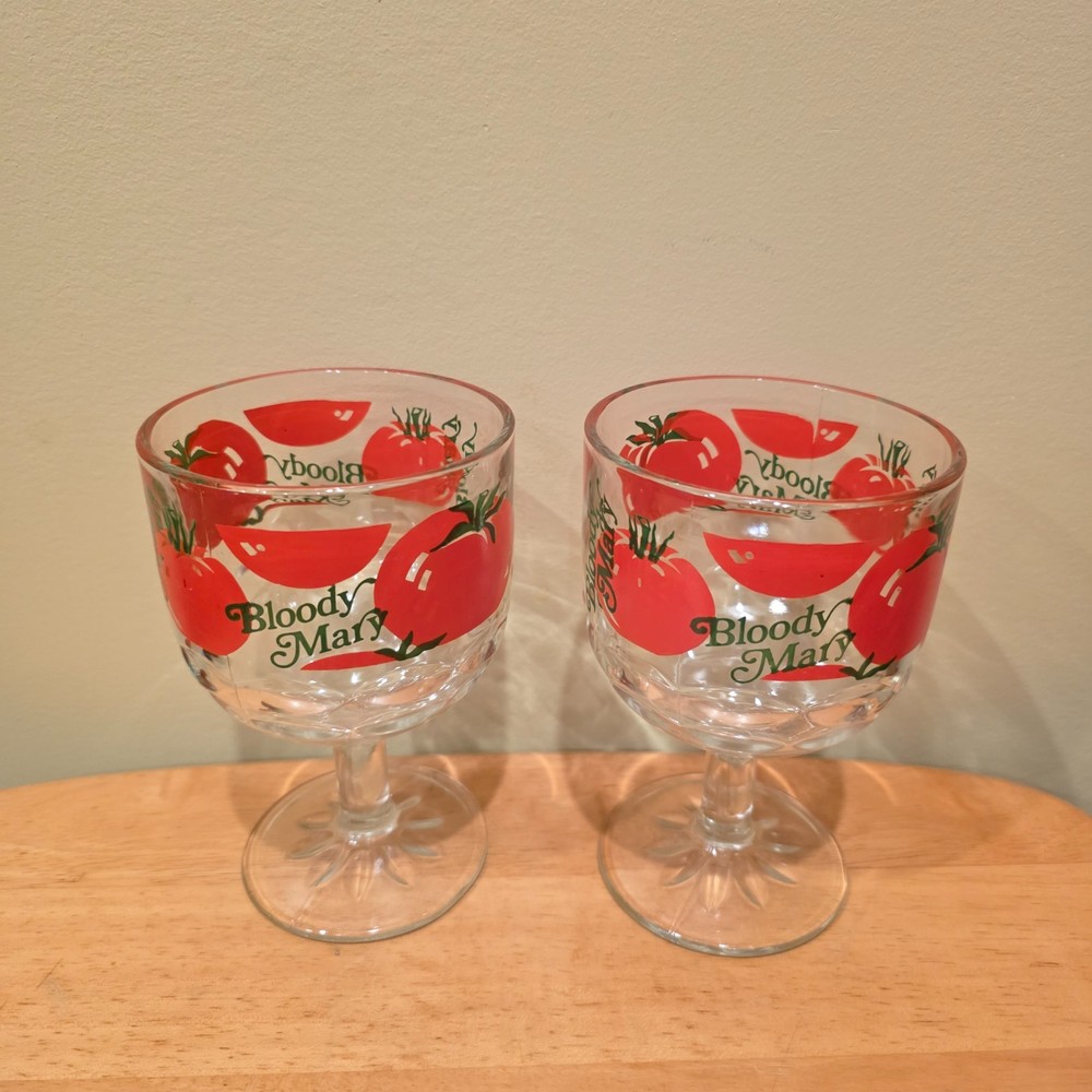 Vintage 1970s Bloody Mary Red Tomato Cocktail Goblet Barware Glasses Set of 2