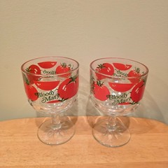 Vintage 1970s Bloody Mary Red Tomato Cocktail Goblet Barware Glasses Set of 2