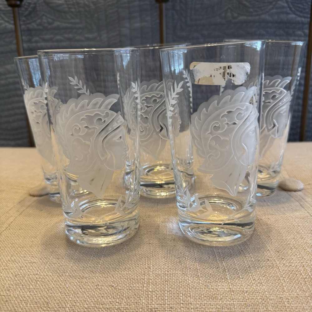 Vintage Set Of 5 Glass Tumblers Deep Etched Engraved Trojan Soldier & Wreath