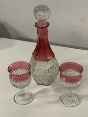 Vintage Red Indiana Glass Decanter & Two Goblets Diamond Pattern Pristine Classy