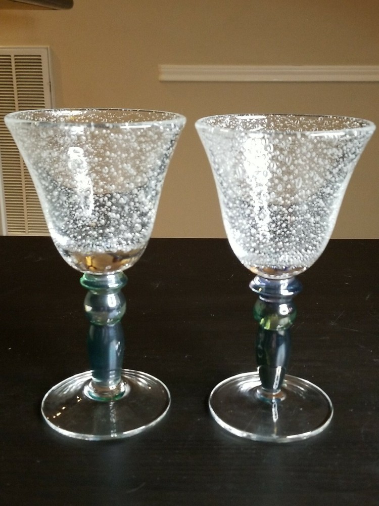 Forced Bubble Wine Goblets-Blue Green Iridescent Stem-Set of (2) 7 1/4″ Tall
