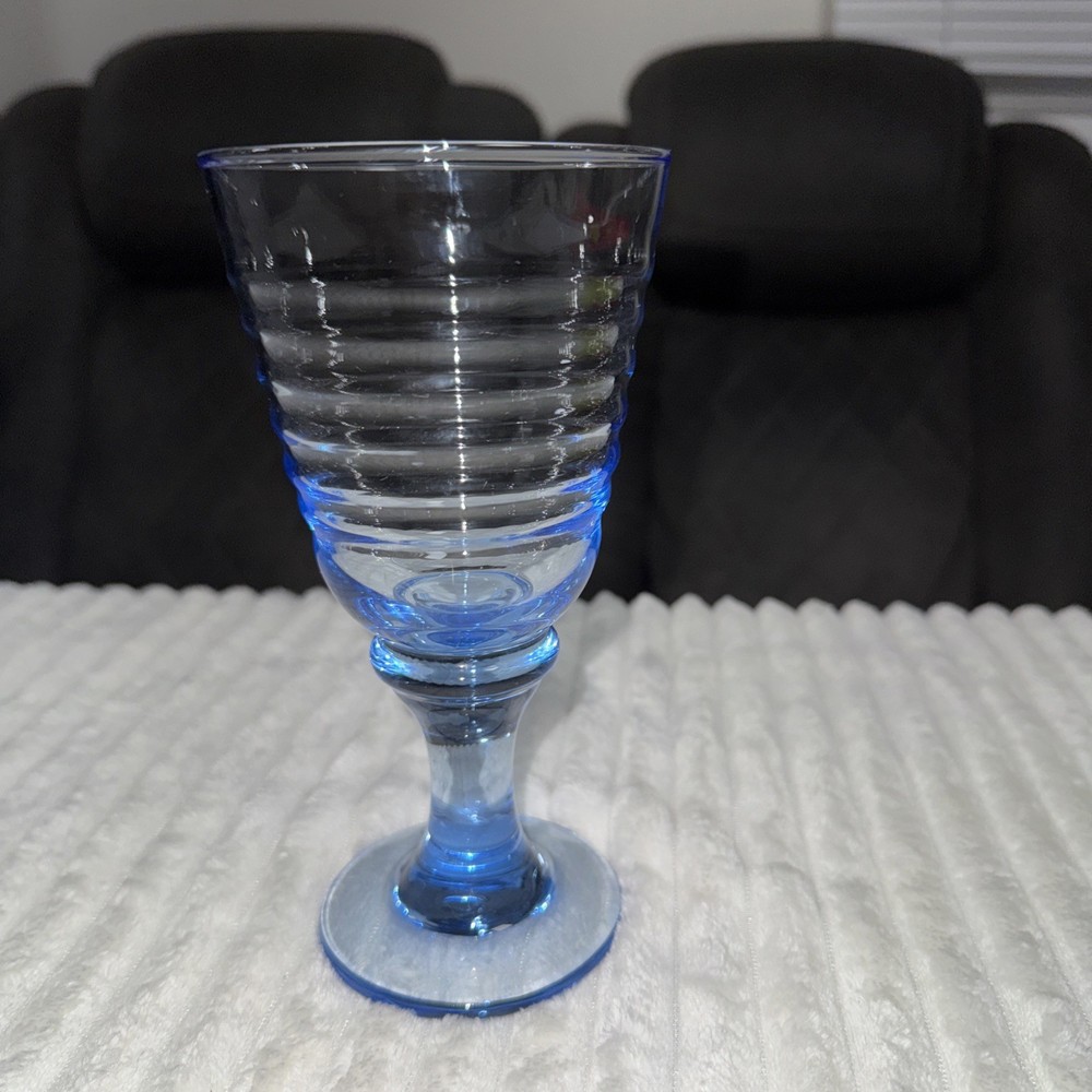 Vintage Libbey Sirrus Blue Wine Glass Goblet Ribbed Design 7”