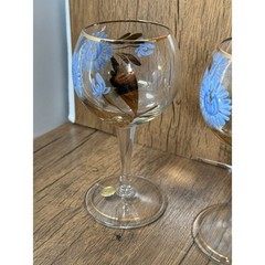 Vintage Romania Bohemian Hand-Painted Stemmed Glasses Pair Gold Blue