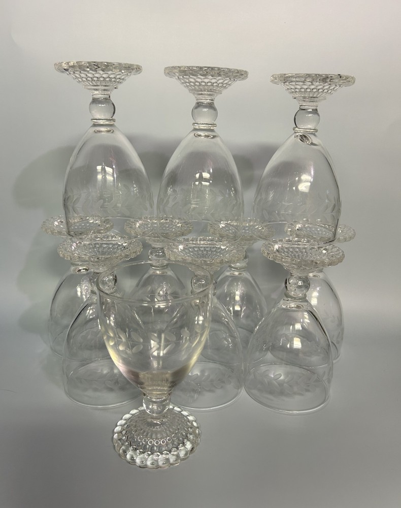 Anchor Hocking Laurel Leaf Etched Wine Glasses Set of 11 VTG MCM Bubble Foot