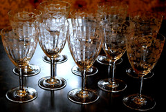 Vtg Set 10 CENTRAL GLASS WORKS Needle Etched Optic PASSIONFLOWER Water Goblets