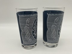 Currier and Ives «Old Grist Mill» Blue and White Matte Drinking Glasses VTG (2)