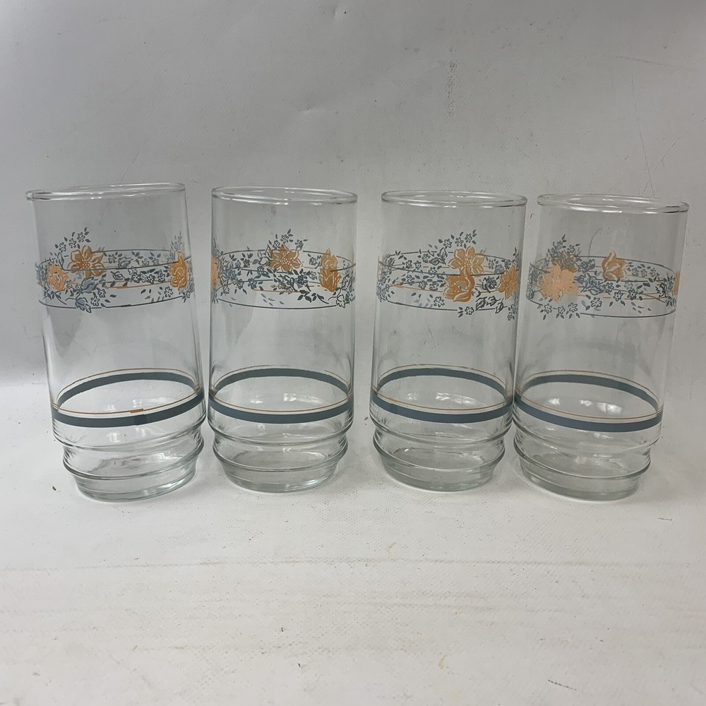 Set Of 4 Tumblers Apricot Grove Blue Peach Drinking Glasses Vintage Corelle