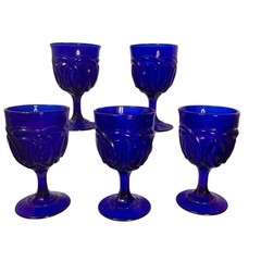 Vintage Set 5 Cobalt Blue Glass Double Ring Water Wine Goblets LG Wright 6″ Tall