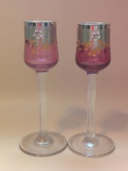 Antique Bohemian Cranberry Enamel Cordial Glasses Gilt Floral Pair Liqueur
