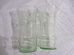 Set of 2 Vitg. Depression Glass Delicate Etched Green Drinking Glasses 6″ tall