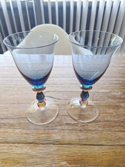 2 Mikasa Estate Slate Blue/ Amber Wine/Water Glasses Handblown Art Deco 7″H EUC