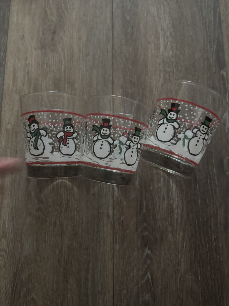 Set of 3 Christmas Red Snowman 12oz 4-1/8″ Glass Tumblers Old Fashioned Barware