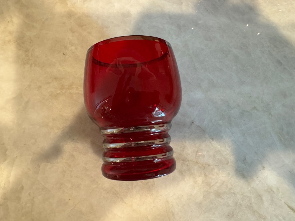 7 Ruby Red Imperial Glass Shaeffer 2.5″ Shot Glasses 1930’s Platinum Trim