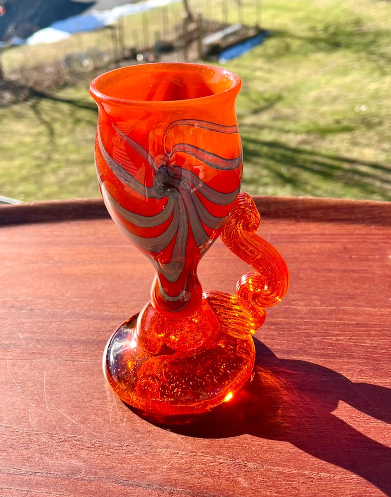 Signed Tom Kekic Art Glass Orange Goblet Silver Overlay, 1973 American Glass Now