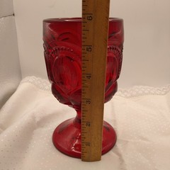 Vintage L.G. Wright Red Glass Water Goblet Pedestal Stars Thumbprint Thick 6″