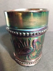 VINTAGE DUGAN COBALT BLUE CARNIVAL GLASS STORK &RUSHES 4″ Tall 2.75″ Dia TUMBLER