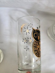 Vintage Bartlett Glass Pokee OWL 22K Gold and Black Highball Bar Glasses X 6