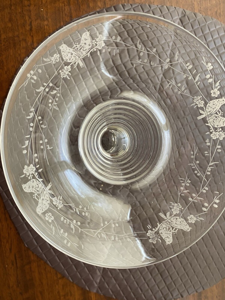 VINTAGE STUART CRYSTAL COMPORT with etched bird and Flower