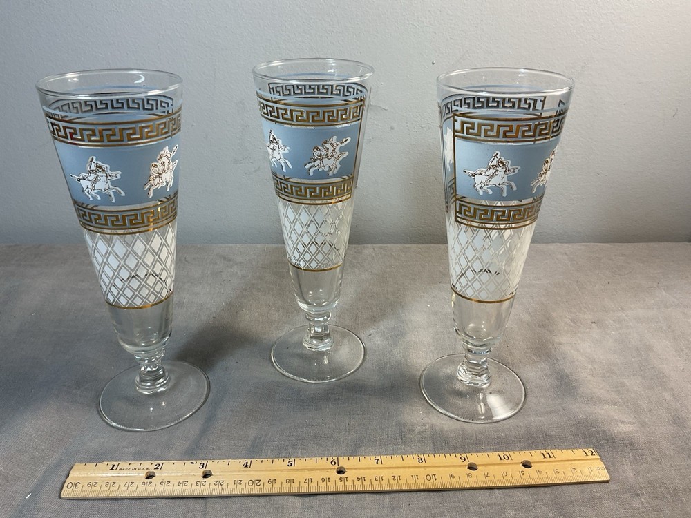 Set Of 3 Vintage G. Reeves Greek Blue White Gold Pilsner Glasses