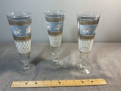 Set Of 3 Vintage G. Reeves Greek Blue White Gold Pilsner Glasses