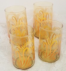 Set of 4 Vintage Libbey Amber Wheat Pattern Glass Tumbler 5 Inches Tall