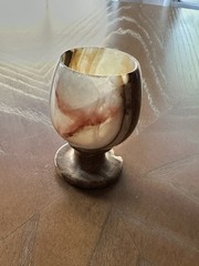 Small Stone Goblet with Chipped Pedestal Base Brown Beige White
