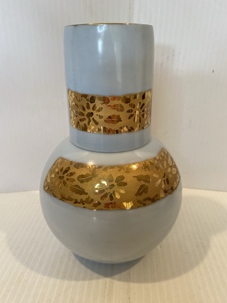 Vintage Water Carafe Tumbler up Set Ceramic with Gold Band Antique