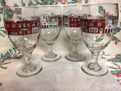 4 Libbey CHRISTMAS VILLAGE Goblet Ice Tea Winter Snow Holiday 7” ~ 16oz EUC