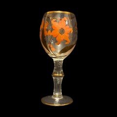 Vtg. Bohemian Romanian Handpainted 3 Floral Gold Trim Clear Cocktail Juice Glass