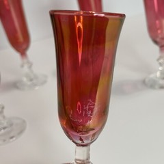 Red Cranberry Iridescent Fluted Glass About 4.5” Tall Set Of 6