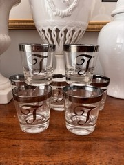 Set Of 7 Short Cocktail Glasses 3.25” Tall Monogram “T” Dorothy Thorpe Glasses