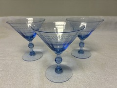 Antique Fry Etched Glass Light Blue Optic Champagne/Martini Glasses Set Of 3