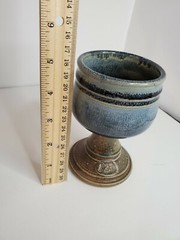 Handmade Art Pottery Stoneware Goblet Chalice Wine Glass with Mark blue brown